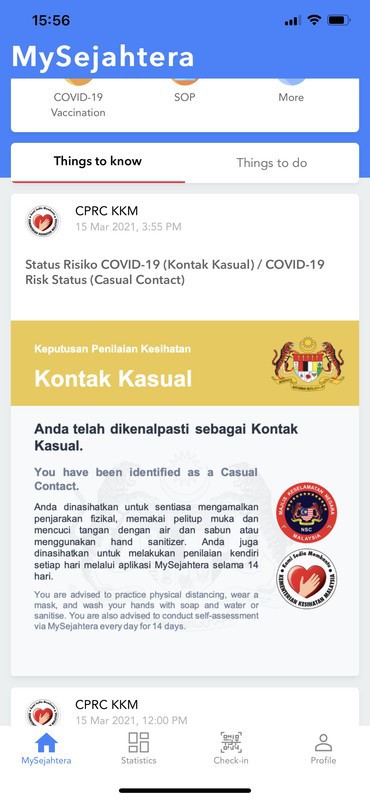 Mysejahtera casual contact notification