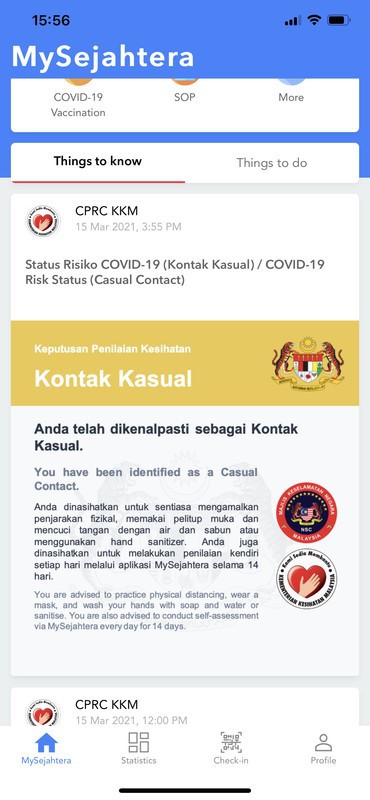 Contact tidak bergejala casual Status Kontak